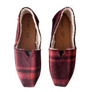 Toms Womens Plaid Slip-On Shoes Red/Black Cozy Lined Size 8 M